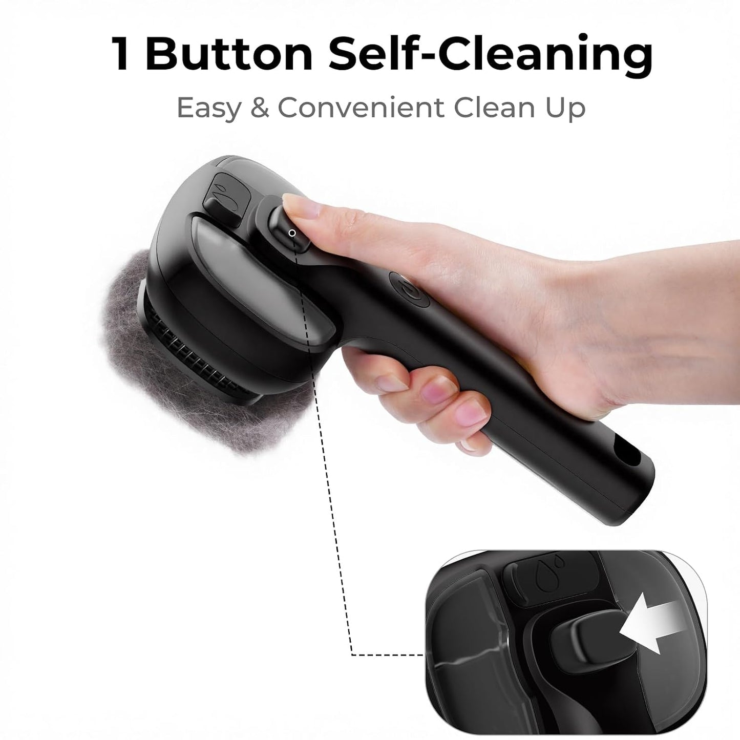 One-button self-cleaning fur ejection on pet brush