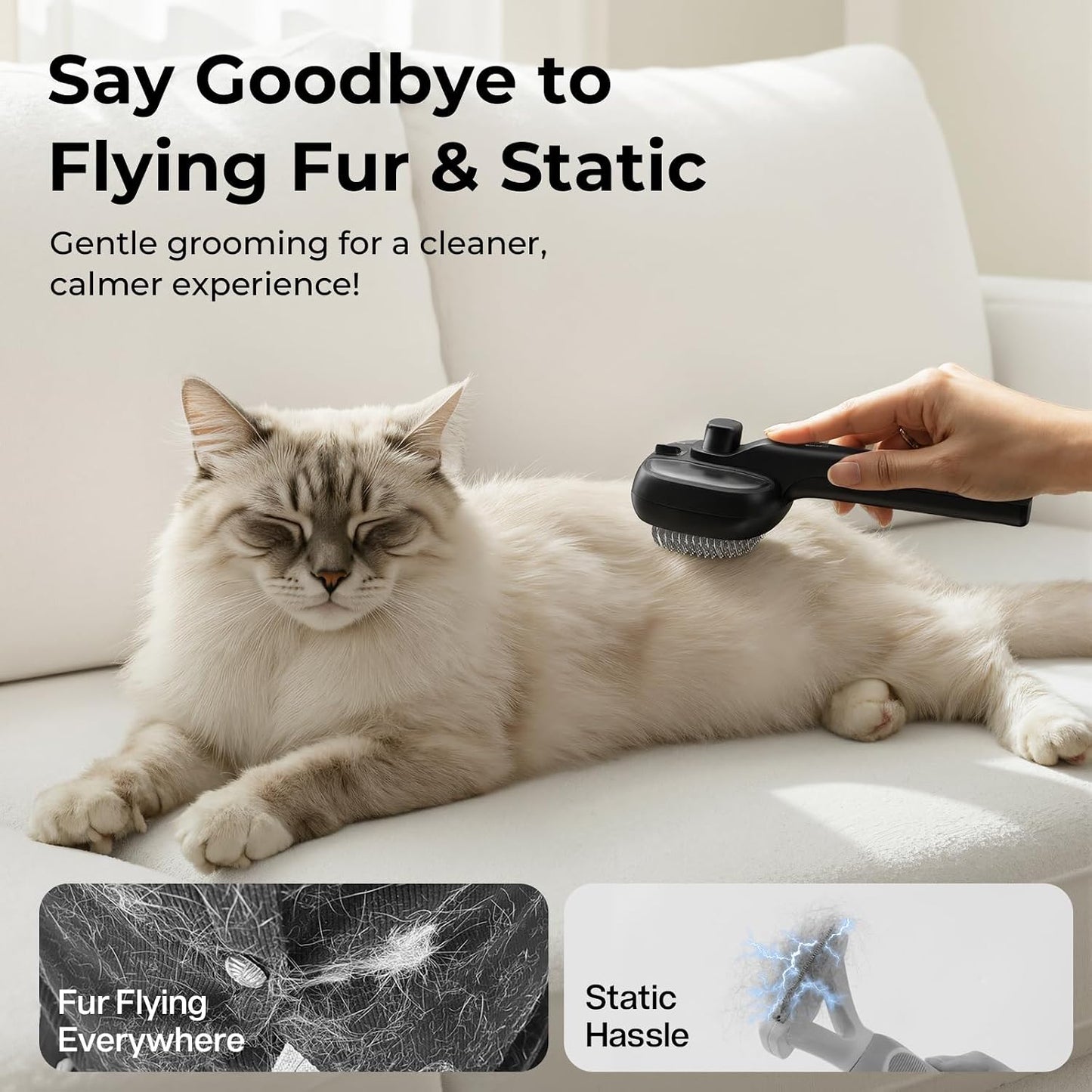 Mist brush reduces flying fur and static