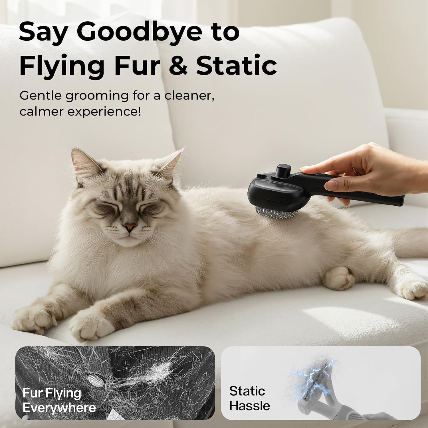 Mist brush reduces flying fur and static