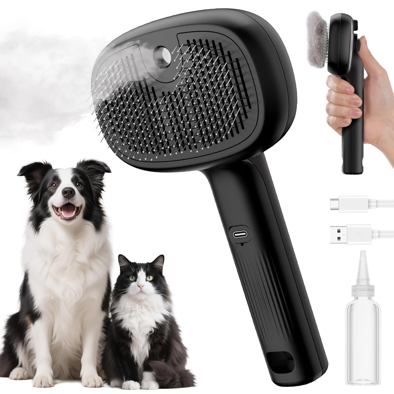 Black Self-Cleaning Steam Pet Brush with Dog and Cat