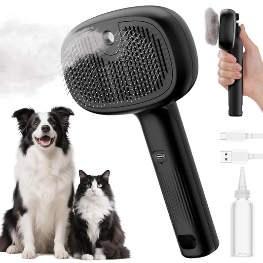 Black Self-Cleaning Steam Pet Brush with Dog and Cat