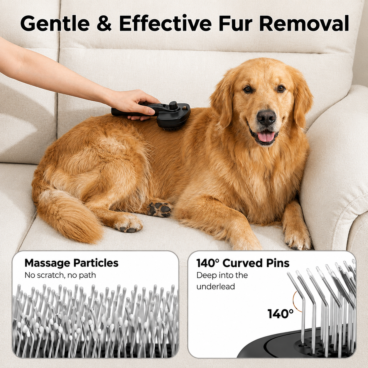 Angled steel bristles removing loose undercoat fur