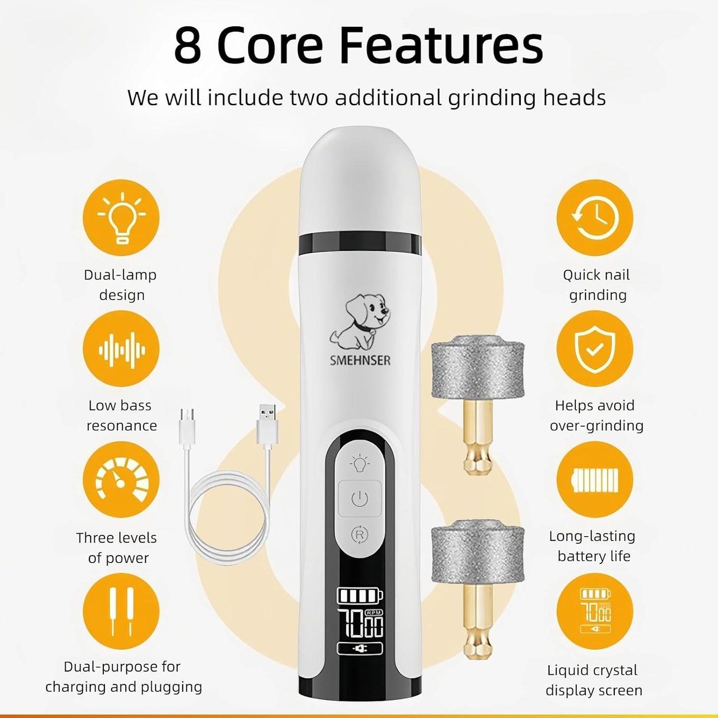 Silent Pet Nail Grinder with Dual LED Lights & 3 Speeds, USB Rechargeable Cordless Pet Nail Trimmer for Dogs and Cats (1 Set + 2*Replacement Heads)