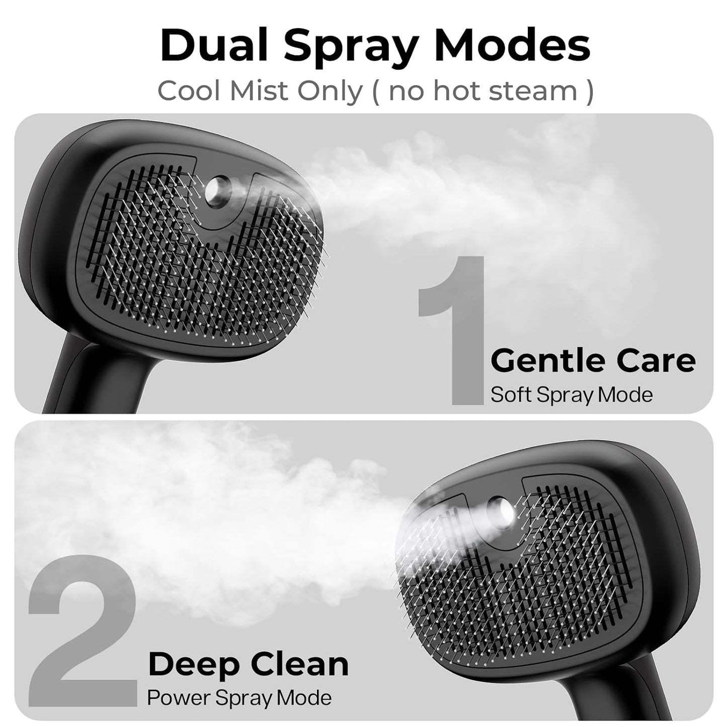 Power Mist and Soft Mist settings on pet grooming brush